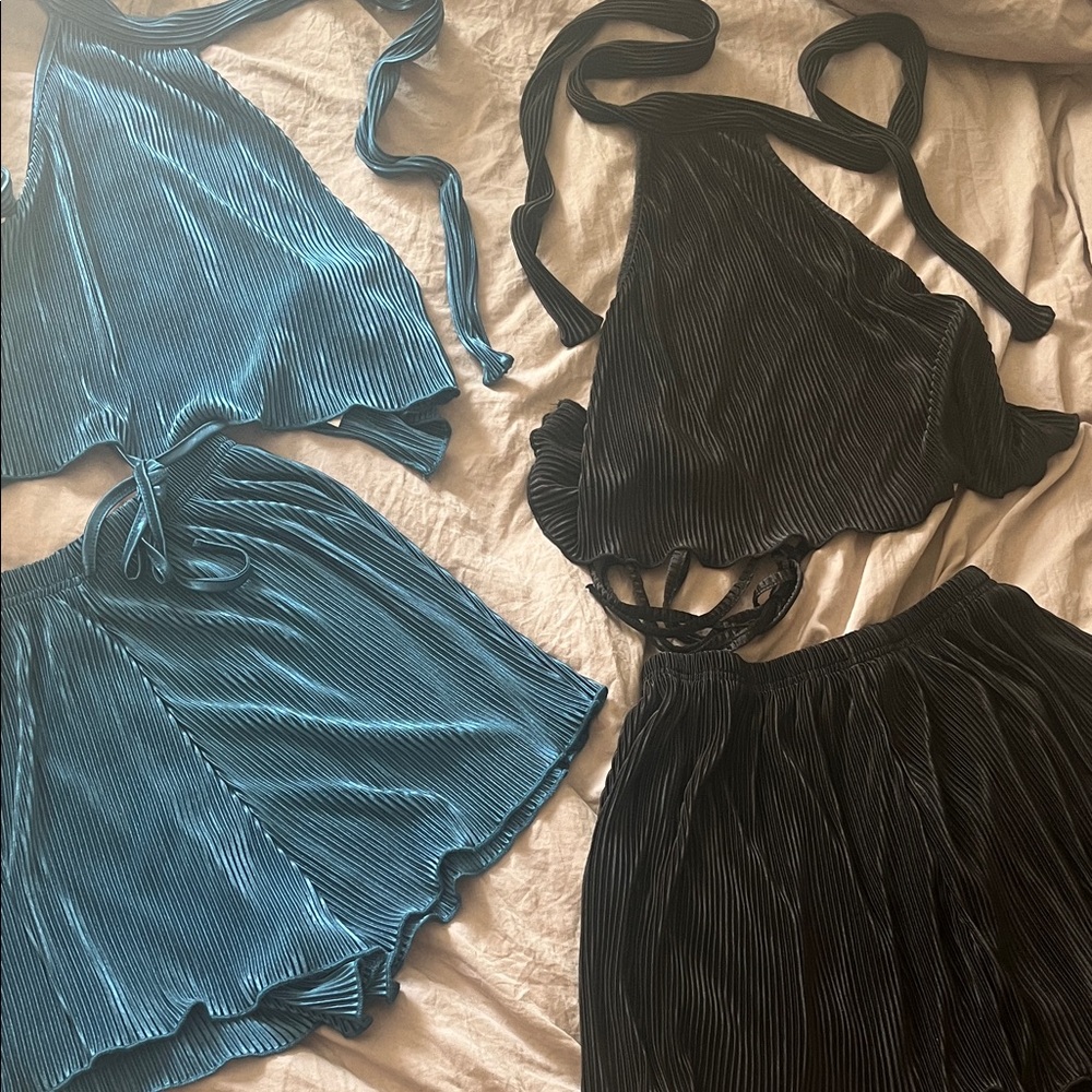 Blue and Black Pleated Halter Top and Short Set